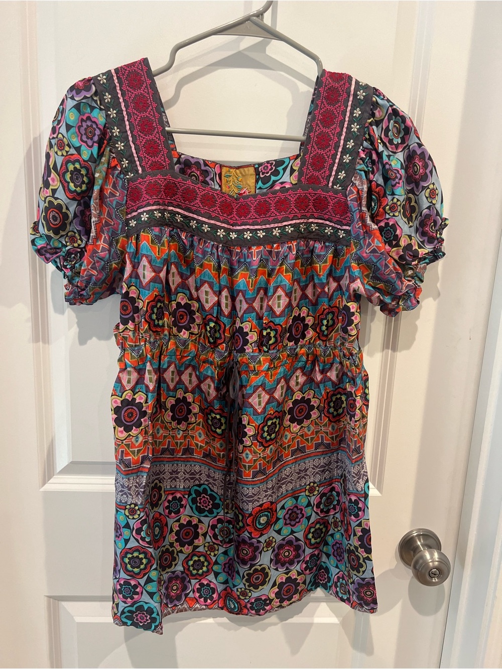 Johnny Was Multicolor Floral Embroidered Yoke Top - Pink, Teal, Gold